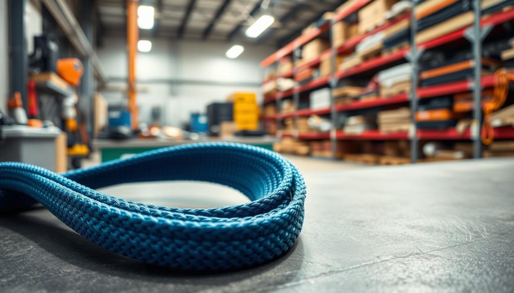 A close-up view of a high-quality polyester webbing sling, showcasing its texture and durability. The foreground features the sling laid flat, capturing the intricate weaving patterns and vibrant colors typical of polyester. In the middle ground, gently blurred, a professional setting reveals a workbench with industrial tools and a bright light source illuminating the sling. The background displays a warehouse environment with shelves stocked with various slings, subtly hinting at a business context. The image should evoke an atmosphere of reliability and professionalism, emphasizing the material's versatility in commercial applications. The overall composition should be photorealistic with high-definition clarity, focusing on the details of the polyester.