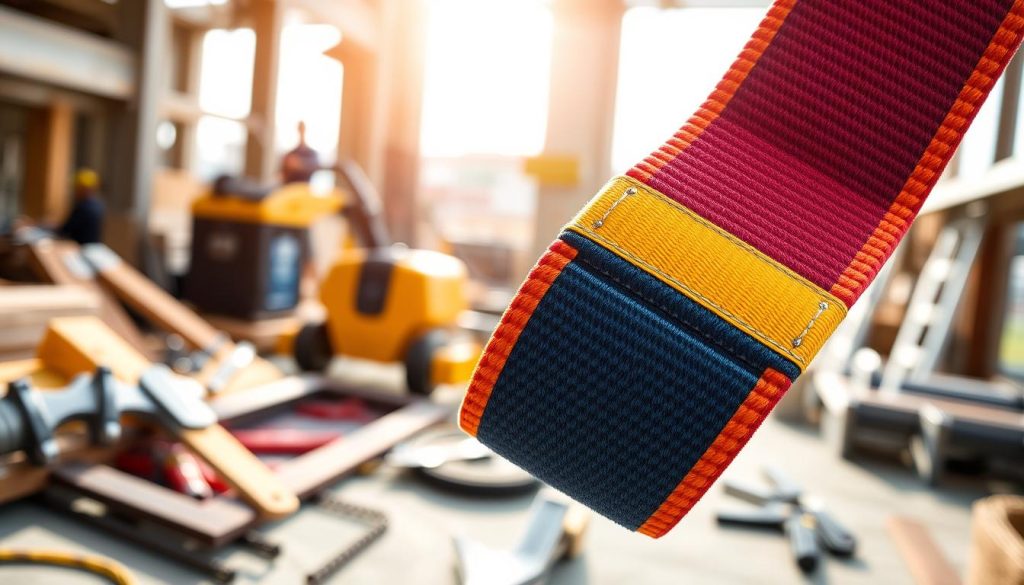 A close-up view of a high-quality webbing sling Spanset, showcasing its vibrant colors and intricate stitching. The sling is prominently displayed in the foreground, emphasizing the robust material and safety features. In the middle ground, a partially blurred industrial setting highlights its practical use, with tools and equipment subtly incorporated to enhance context. The background features a soft-focus construction environment, reflecting an active worksite ambiance. Natural daylight streams in, creating a bright and inviting atmosphere that accentuates the details of the sling. The image should be photorealistic, capturing the texture and quality of the material, with a clear focus on the sling itself, ensuring it conveys a sense of reliability and professionalism.