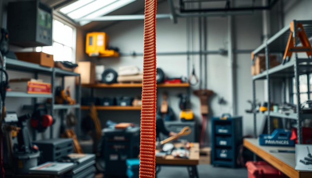 A close-up view of a high-quality webbing sling hanging prominently in the foreground, showcasing its vibrant colors and texture, emphasizing its strength and durability. The middle ground features a well-organized workspace with tools and equipment related to sling usage, all set against a clean industrial background that includes shelves stocked with various lifting equipment. Soft, diffused natural light streams in from a nearby window, creating a realistic and inviting atmosphere that highlights the webbing sling's features. The overall mood is professional and focused, reflecting a safe and efficient work environment. The composition captures the essence of quality along with the practicality of webbing slings in an industrial context, while maintaining a photorealistic and high-definition quality. A close-up view of a high-quality webbing sling hanging prominently in the foreground, showcasing its vibrant colors and texture, emphasizing its strength and durability. The middle ground features a well-organized workspace with tools and equipment related to sling usage, all set against a clean industrial background that includes shelves stocked with various lifting equipment. Soft, diffused natural light streams in from a nearby window, creating a realistic and inviting atmosphere that highlights the webbing sling's features. The overall mood is professional and focused, reflecting a safe and efficient work environment. The composition captures the essence of quality along with the practicality of webbing slings in an industrial context, while maintaining a photorealistic and high-definition quality.