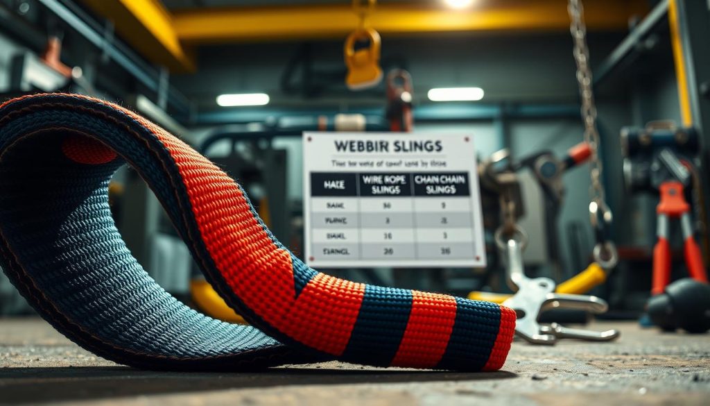 A close-up view of a vibrant webbing sling in a professional setting, showcasing its unique features and advantages over traditional wire rope and chain slings. The foreground highlights the durability and flexibility of the webbing sling, with detailed textures visible. In the middle ground, display a comparison chart of webbing slings alongside wire ropes and chain slings, clearly indicating their strengths. In the background, a well-lit industrial environment with soft, diffused sunlight illuminating the tools, creating a professional and informative atmosphere. The image is captured with a macro lens from a low angle, emphasizing the webbing sling's superiority. The overall mood is bright and focused, perfect for highlighting the benefits of webbing slings.