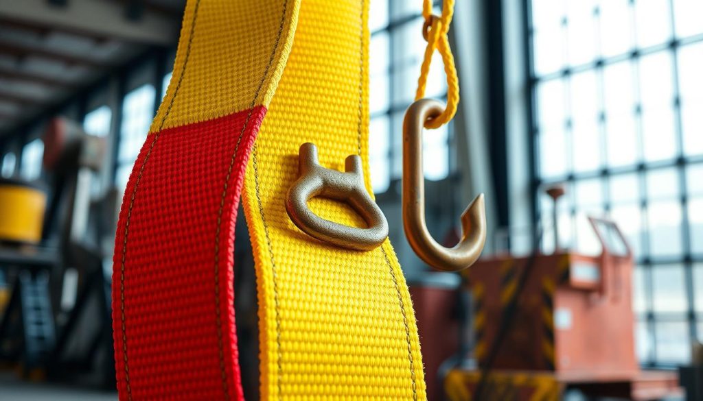A close-up view of a vibrant webbing sling, meticulously arranged to showcase its texture and strength. The foreground features the webbing sling in bright colors such as red and yellow, with clear stitching details that emphasize its durability. In the middle ground, include a rust-colored metal hook attached to the sling, representing its functionality in lifting heavy objects. The background is softly blurred with industrial equipment, hinting at a warehouse setting. Natural lighting floods in from a large window, casting subtle shadows that enhance the contours of the sling. The mood is professional and informative, illustrating quality and reliability. The image should be photorealistic, with high definition, emphasizing the competitive pricing aspect of the product.