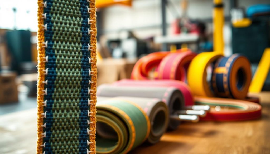 A close-up view of a webbing sling, showcasing its strong, durable fabric and reinforced stitching. The foreground highlights the detailed texture of the sling, featuring vibrant colors that indicate its high tonnage capacity and weight limits. The middle ground displays a selection of different sizes and types of slings, neatly arranged on a wooden surface, emphasizing variety for potential buyers. The background softly fades into a blurred industrial setting, with soft, natural lighting illuminating the scene, creating a professional yet approachable atmosphere. Capture the image at a slight angle to enhance depth, using a shallow depth of field for emphasis on the slings. The overall mood is informative and engaging, ideal for illustrating choices in webbing slings. A close-up view of a webbing sling, showcasing its strong, durable fabric and reinforced stitching. The foreground highlights the detailed texture of the sling, featuring vibrant colors that indicate its high tonnage capacity and weight limits. The middle ground displays a selection of different sizes and types of slings, neatly arranged on a wooden surface, emphasizing variety for potential buyers. The background softly fades into a blurred industrial setting, with soft, natural lighting illuminating the scene, creating a professional yet approachable atmosphere. Capture the image at a slight angle to enhance depth, using a shallow depth of field for emphasis on the slings. The overall mood is informative and engaging, ideal for illustrating choices in webbing slings.
