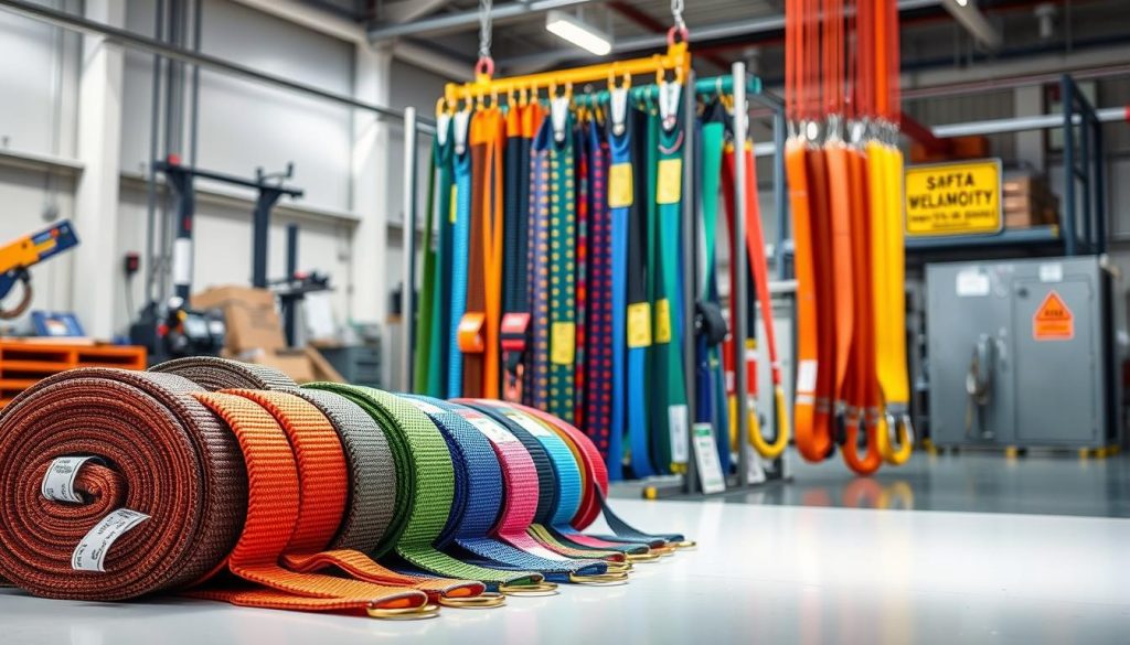 A collection of various webbing slings displayed on a clean, professional workspace. The foreground features several slings of different sizes and colors, neatly arranged, showcasing their width and lifting capacities, each labeled with tags showing their specifications. In the middle, there's an array of slings hanging securely on a well-lit rack, highlighting their strength and versatility. The background includes a soft-focus industrial setting with subtle details like lifting equipment and a safety sign, emphasizing a professional atmosphere. The lighting is bright and even, enhancing the textures of the slings. Use a slightly elevated angle to capture depth and detail, conveying reliability and quality in the product. The image should be photorealistic and high definition, capturing the professional essence of webbing slings without any text or watermarks.