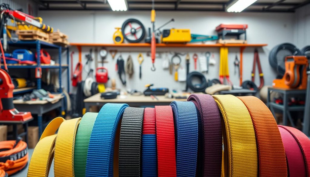 A collection of vibrant webbing slings displayed prominently in a well-lit workshop setting. In the foreground, multiple colorful webbing slings of different types and lengths are neatly arranged, showcasing their textures and materials, such as heavy-duty nylon and polyester. The middle layer features a workbench cluttered with tools and equipment used for securing and lifting, emphasizing the practicality of these slings. The background includes shelves stocked with various lifting equipment, giving a sense of a busy, professional environment. The lighting is bright and even, highlighting the slings' details, with a shallow depth of field to subtly blur the background, creating a focused and professional atmosphere. The overall mood conveys reliability and quality in lifting solutions. A collection of vibrant webbing slings displayed prominently in a well-lit workshop setting. In the foreground, multiple colorful webbing slings of different types and lengths are neatly arranged, showcasing their textures and materials, such as heavy-duty nylon and polyester. The middle layer features a workbench cluttered with tools and equipment used for securing and lifting, emphasizing the practicality of these slings. The background includes shelves stocked with various lifting equipment, giving a sense of a busy, professional environment. The lighting is bright and even, highlighting the slings' details, with a shallow depth of field to subtly blur the background, creating a focused and professional atmosphere. The overall mood conveys reliability and quality in lifting solutions.