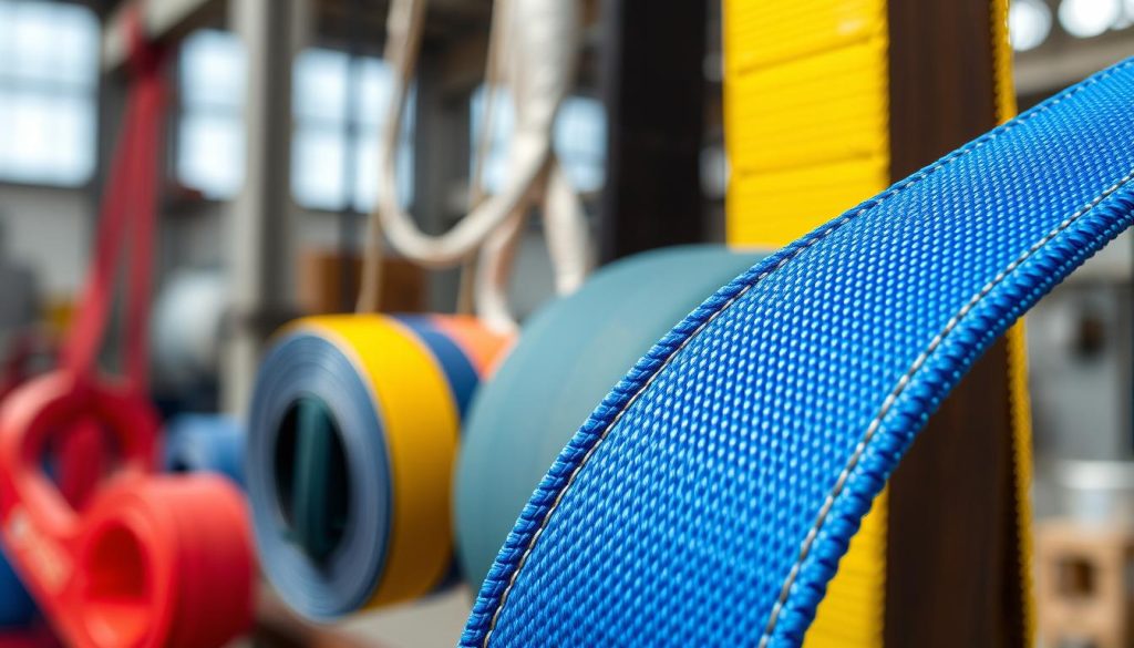 A detailed and photorealistic close-up image of various webbing slings made from high-strength materials, showcasing their diverse textures and colors. In the foreground, display a vibrant webbing sling in bright blue, with clear stitching and reinforced edges, emphasizing its durability. In the middle ground, include additional slings of different materials – nylon, polyester, and polypropylene – elegantly stacked or suspended to illustrate their distinctive characteristics. The background features a blurred industrial setting, with soft, natural lighting to evoke a professional and serious atmosphere. Use a macro lens effect to capture fine details like the weave pattern and color saturation. The overall mood should convey reliability and quality, suitable for technical analysis.