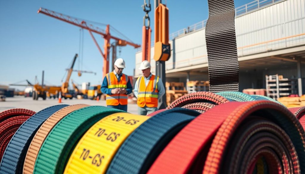 A detailed and photorealistic image of various webbing slings with visible load capacity markings in tons, arranged prominently in the foreground. The slings should be displayed in different colors and sizes, showcasing their strength and versatility for lifting heavy loads. In the middle ground, include professional workers in safety gear, inspecting the slings on a construction site or warehouse, emphasizing their practical applications in real-world scenarios. In the background, depict industrial machinery and a clear blue sky to convey a productive atmosphere. Use bright, natural lighting to highlight the textures and colors of the webbing, and capture the scene from a slightly elevated angle for a comprehensive view.