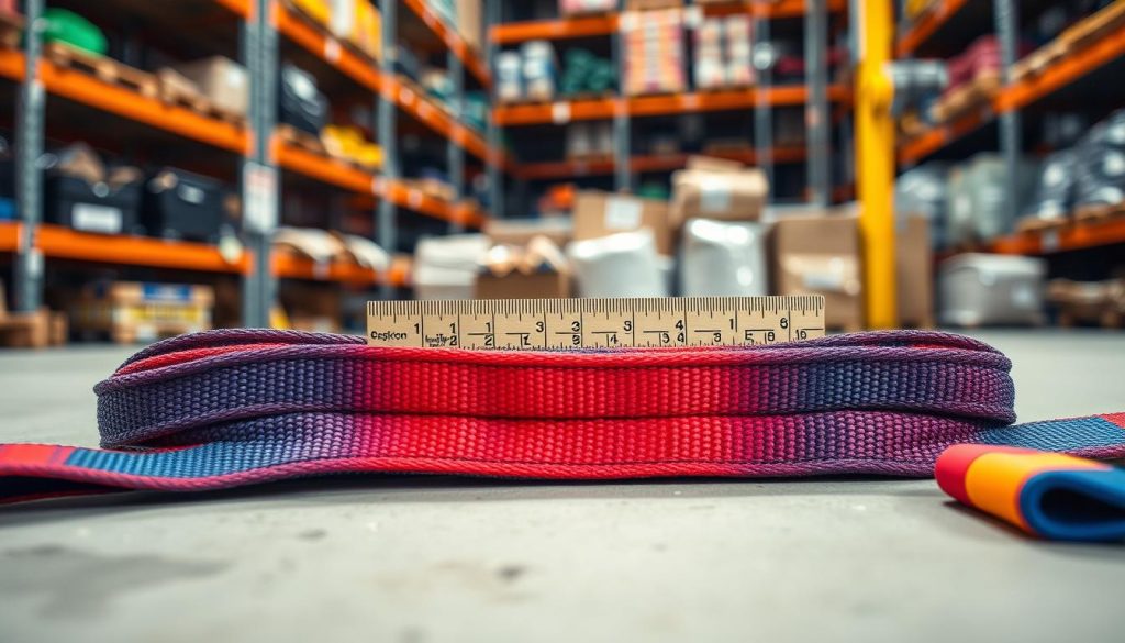 A detailed close-up image of a webbing sling laid out flat, showcasing its specifications. The foreground features a vibrant webbing sling in rich colors that clearly display its capacity rating and standardized color coding for load identification. In the middle, a ruler and measuring tape are placed next to the sling, highlighting its length and width; the background shows blurred warehouse shelves stocked with various lifting equipment, creating a professional atmosphere. Soft, diffused lighting highlights the texture of the sling, emphasizing its durability and strength. The angle is slightly above the sling to capture all the relevant details clearly. The overall mood is informative and technical, suitable for an industrial context.