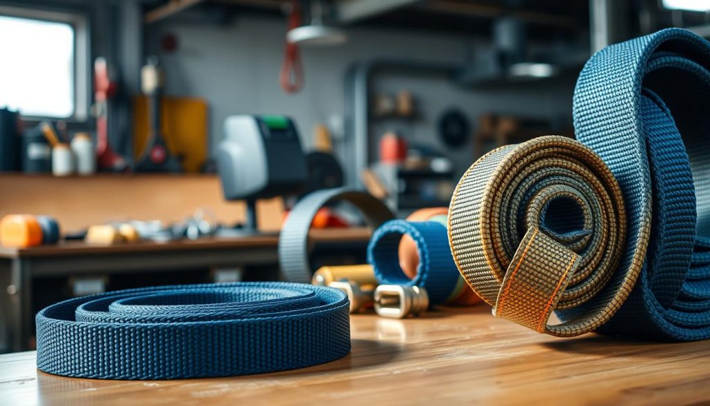 A detailed close-up of a high-quality webbing sling, showcasing its texture and durability. The foreground features the sling coiled neatly, with strong stitching and vibrant colors. In the middle ground, there are various sizes of webbing slings displayed on a wooden table, capturing light reflections. The background blurs slightly to reveal a workshop environment, with tools and equipment that suggest an industrial setting. The lighting is soft yet focused, highlighting the material's strength. The atmosphere is professional and informative, evoking a sense of reliability and quality. The image is photorealistic with high definition, creating a visually appealing representation of webbing slings and their importance in various applications.