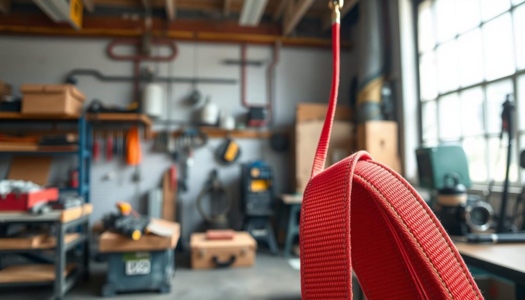 A detailed, close-up view of a webbing sling in vibrant colors, showcasing its robust texture and stitching, prominently displayed in the foreground. The sling should be positioned against a backdrop of a well-organized workshop, with tools and industrial equipment subtly out of focus in the middle ground. Soft, natural lighting filters through a nearby window, casting gentle shadows that highlight the sling's features. The atmosphere is professional and clean, embodying a sense of trust and quality. Capture the image from a slightly elevated angle, emphasizing the sling's utility and versatility. Aim for a photorealistic representation, focusing on intricate details to convey the quality and craftsmanship of the webbing sling without any text or additional distractions.