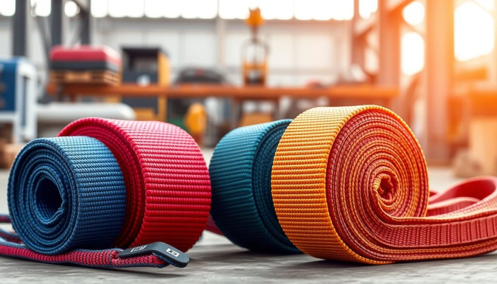A detailed display of various types of webbing slings, showcasing their unique models for multiple applications. The foreground features a selection of webbing slings in vibrant colors, displayed against a soft, gradient backdrop. The middle ground includes a sturdy working environment, perhaps a warehouse or outdoor setting with natural light filtering in, casting subtle shadows to highlight textures. The high-definition image captures the intricate weave patterns, stitching, and load capacity labels on the slings. In the background, soft-focus industrial equipment hints at their practical use. The mood is professional and informative, designed to convey quality and reliability in webbing slings, suitable for heavy-duty applications. A detailed display of various types of webbing slings, showcasing their unique models for multiple applications. The foreground features a selection of webbing slings in vibrant colors, displayed against a soft, gradient backdrop. The middle ground includes a sturdy working environment, perhaps a warehouse or outdoor setting with natural light filtering in, casting subtle shadows to highlight textures. The high-definition image captures the intricate weave patterns, stitching, and load capacity labels on the slings. In the background, soft-focus industrial equipment hints at their practical use. The mood is professional and informative, designed to convey quality and reliability in webbing slings, suitable for heavy-duty applications.
