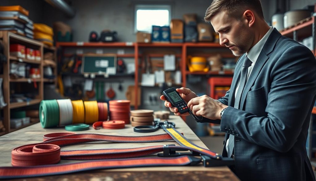 A detailed, photorealistic image depicting a professional technician in a workshop, carefully analyzing the capacity of a webbing sling. In the foreground, the technician, dressed in a smart business attire, examines a colorful webbing sling laid out on a sturdy workbench, a digital load capacity tool in one hand. In the middle ground, several spools of webbing material and measuring tools are arranged neatly. The background features shelves filled with safety equipment and industry manuals, softly lit to convey a focused, practical atmosphere. Use soft, natural lighting from a window above, capturing intricate details of the webbing texture and tools. The overall mood should reflect diligence and expertise in a modern industrial setting.