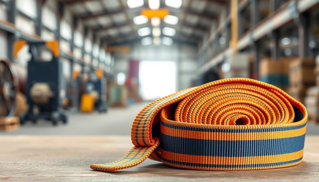 A detailed, photorealistic image of a high-quality Secutex S2 spanset webbing sling prominently displayed in the foreground, showcasing its robust stitching and vibrant colors against a soft, neutral background that emphasizes its features. The sling should be coiled neatly, with one end partially extended to show its texture and material quality. In the middle ground, an industrial setting is faintly visible, with blurred equipment to convey its practical applications in lifting. The lighting should be bright yet soft, simulating a workshop environment, casting gentle shadows to add depth. The atmosphere is professional and informative, ideal for showcasing the sling's specifications, focusing strictly on the product without any human elements or text.
