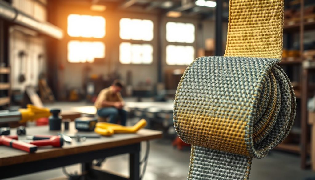 A detailed, photorealistic image of a material webbing sling prominently displayed in the foreground, showcasing its intricate texture and vibrant colors. The sling should be taut, highlighting its strength and structural integrity, with close-up views of the stitching and reinforcement points. In the middle ground, include a workbench with tools and equipment commonly associated with lifting and securing heavy loads, subtly emphasizing the sling's practical applications. The background features a softly blurred industrial setting, hinting at a workshop or warehouse ambiance, illuminated by natural light streaming through windows, creating a warm, inviting atmosphere. The overall mood should convey a sense of reliability and professionalism in high-contrast, crisp detail, with a focus on the webbing sling as the central subject.