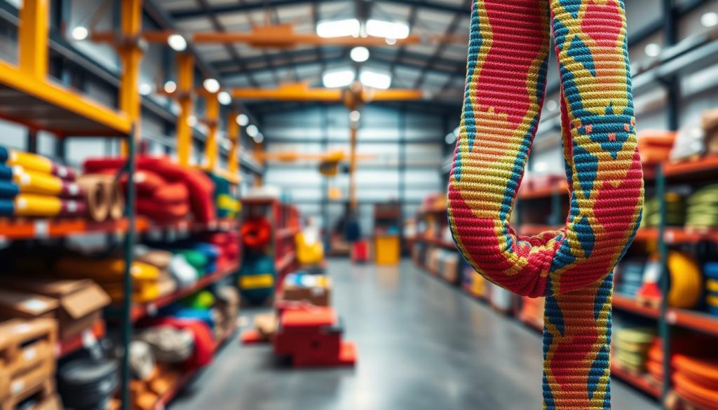 A detailed photorealistic image of a vibrant and colorful webbing sling displayed prominently in the foreground, showcasing its texture and quality. The sling should be depicted in a well-lit warehouse environment, emphasizing its use in lifting and rigging applications. In the middle ground, a variety of webbing slings of different sizes and colors can be arranged neatly on shelves, indicating a selection available for customers. In the background, blurred outlines of industrial equipment, such as cranes and hoists, suggest a busy work environment. The lighting should be bright and even, casting subtle shadows that enhance the details of the slings. The atmosphere is professional and inviting, reflecting the quality and competitiveness of the products offered in Probolinggo.