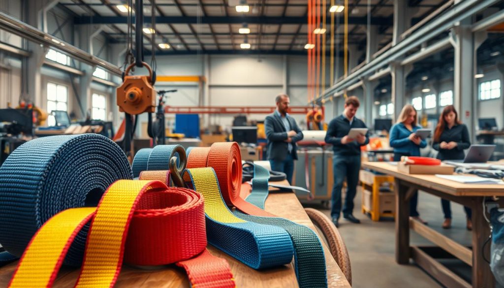 A detailed, photorealistic image of a webbing sling industrial setting. Foreground features a close-up of various colorful webbing slings, showcasing their textures, materials, and load ratings, arranged neatly on a wooden workbench. Middle ground includes industrial tools and equipment, like a pulley system and hooks, subtly hinting at their use with the slings. Background presents a factory environment with large, high ceilings and soft industrial lighting casting gentle shadows. Emphasize a professional atmosphere, with occasional workers in modest casual attire reviewing projects on laptops or discussing plans. The scene should reflect a sense of reliability and industriousness, evoking a busy workspace dedicated to project needs and industrial applications, all captured in high definition.