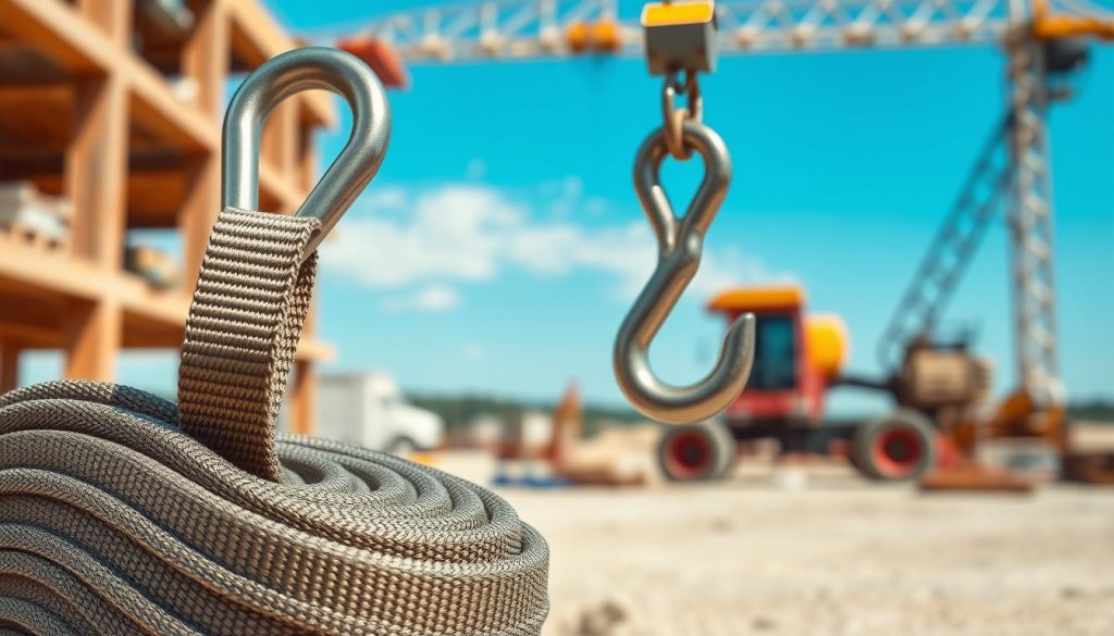 A detailed, photorealistic image of a webbing sling prominently displayed in a construction setting, showcasing its function in lifting and load protection. In the foreground, the webbing sling is tightly coiled, revealing its texture and strong stitching. The middle ground features a sturdy metal hook attached to the sling, emphasizing its utility. The background includes a blurred view of construction equipment and a clear blue sky, suggesting a worksite environment. Soft, natural lighting enhances the colors and details of the sling while creating a professional atmosphere. The image should capture the strength and reliability of the webbing sling without any text or branding, focusing solely on the product’s design and functionality. A detailed, photorealistic image of a webbing sling prominently displayed in a construction setting, showcasing its function in lifting and load protection. In the foreground, the webbing sling is tightly coiled, revealing its texture and strong stitching. The middle ground features a sturdy metal hook attached to the sling, emphasizing its utility. The background includes a blurred view of construction equipment and a clear blue sky, suggesting a worksite environment. Soft, natural lighting enhances the colors and details of the sling while creating a professional atmosphere. The image should capture the strength and reliability of the webbing sling without any text or branding, focusing solely on the product’s design and functionality.