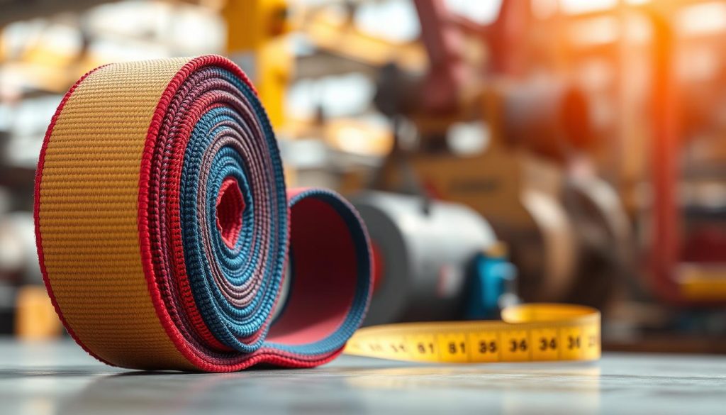 A detailed, photorealistic image of a webbing sling, prominently displayed in the foreground, showcasing its textured, colorful fabric and reinforced stitching. The sling should be slightly coiled to emphasize its flexibility and strength. In the middle ground, display a measuring tape beside the sling, highlighting its dimensions and emphasizing its lifting capacity. In the background, softly blurred industrial equipment or a construction site, creating an atmosphere of professional use and reliability. The lighting should be bright and natural, emulating daylight to enhance the features of the sling. Use a shallow depth of field to draw attention to the sling and measuring tape while ensuring the background complements the subject. The overall mood is one of professionalism and trust, ideal for showcasing product specifications.