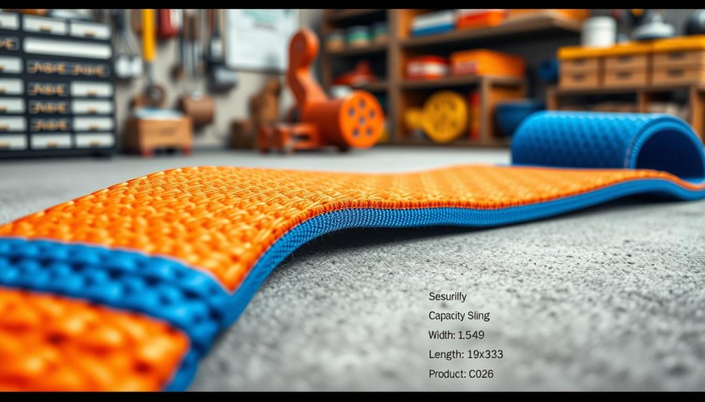 A detailed, photorealistic image of a webbing sling, showcasing its durable, woven fabric in vibrant colors such as orange and blue. The sling is laid out on a clean, textured surface, with various specifications labeled nearby, including its capacity rating, width, length, and product code. The foreground emphasizes the intricate weave and stitching of the sling, capturing the strength and flexibility of the material. In the middle ground, soft diffused lighting highlights the contours and textures, enhancing the visual appeal. The background is softly blurred, featuring workshop tools and storage, creating a professional atmosphere. The overall mood is informative and focused, suitable for technical discussions. Ensure no text, logos, or watermarks are present. A detailed, photorealistic image of a webbing sling, showcasing its durable, woven fabric in vibrant colors such as orange and blue. The sling is laid out on a clean, textured surface, with various specifications labeled nearby, including its capacity rating, width, length, and product code. The foreground emphasizes the intricate weave and stitching of the sling, capturing the strength and flexibility of the material. In the middle ground, soft diffused lighting highlights the contours and textures, enhancing the visual appeal. The background is softly blurred, featuring workshop tools and storage, creating a professional atmosphere. The overall mood is informative and focused, suitable for technical discussions. Ensure no text, logos, or watermarks are present.