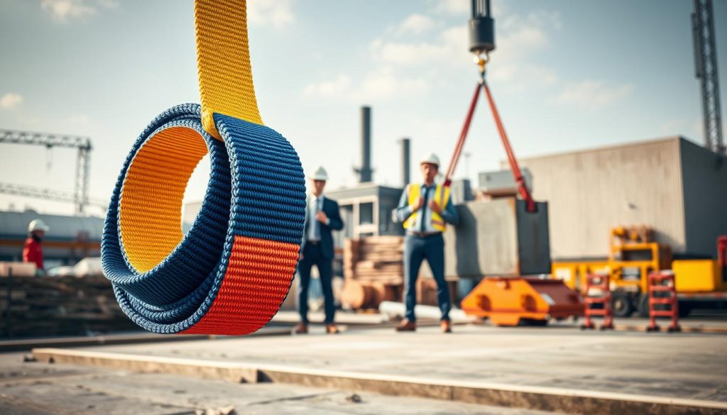 A detailed, photorealistic image of a webbing sling varian prominently displayed in the foreground, showcasing its durability and strength. The sling should be vibrantly colored, highlighting the different types available for various heavy-duty applications. In the middle ground, depict a construction site with workers in professional business attire, safely using the webbing sling for lifting heavy materials. The background should feature industrial buildings and machinery, emphasizing the industrial setting. Soft, natural lighting casts realistic shadows, creating a dynamic atmosphere that conveys reliability and safety. The angle should be slightly above eye-level, providing a comprehensive view of both the webbing sling and its practical use in the industry.