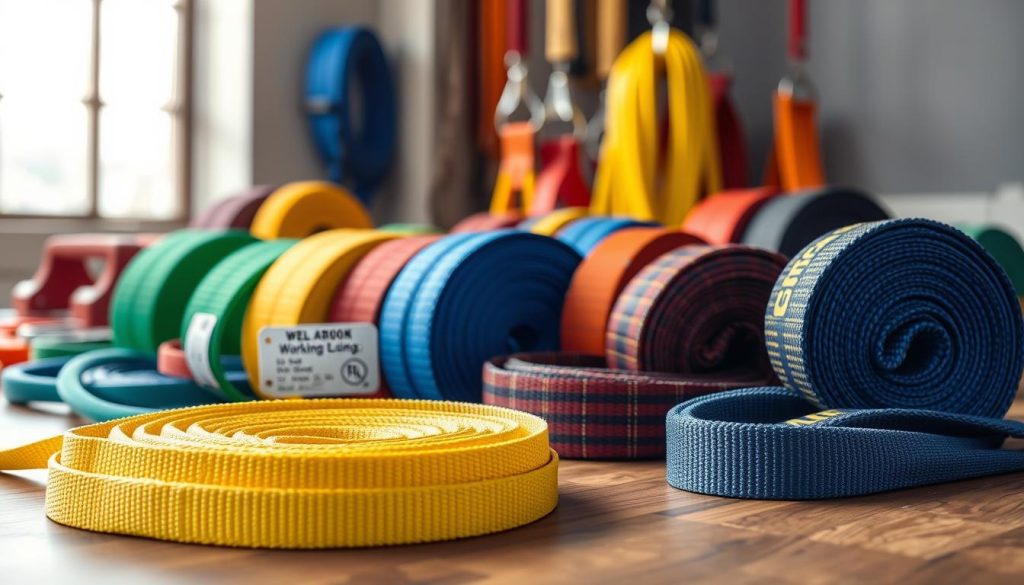 A detailed photorealistic image of an array of webbing slings displayed on a wooden surface, capturing various types, sizes, and specifications. In the foreground, showcase a few prominently coiled slings in bright colors like yellow, blue, and green, with visible labels for working load limits and dimensions. In the middle ground, include a selection of slings in different lengths and widths, neatly arranged to highlight their diversity. The background features soft natural lighting filtering through a window, adding depth and focus to the slings. The overall mood is professional and informative, emphasizing quality and reliability in these lifting tools. The image should be high definition, crisp, and clear for optimal use in an article.