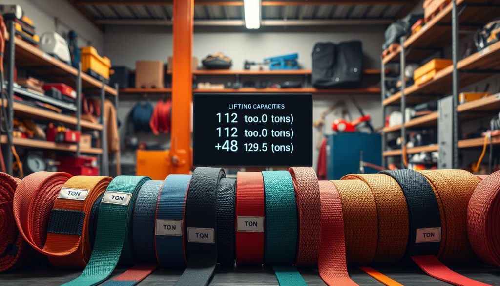 A detailed, photorealistic image of various webbing slings arranged in a clean, professional workspace, highlighting their lifting capacities ranging from 1 Ton to 48 Tons. In the foreground, showcase a vibrant array of colorful webbing slings of different lengths and widths, each marked with clear, easy-to-read capacity labels. In the middle ground, place a digital display board showing the lifting capacities, illuminated by soft, even lighting. The background features a neat, industrial setting with shelves filled with additional lifting equipment and tools, casting a warm ambiance. The overall mood is professional and informative, focusing on the functionality and reliability of these slings. The scene is captured at eye level, using a soft-focus lens effect to emphasize the slings in sharp detail.