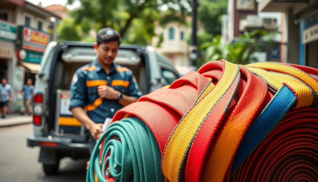 A detailed, photorealistic scene showcasing the delivery of webbing slings. In the foreground, a close-up of vibrant, colorful webbing slings bundled neatly, highlighting their texture and strength. In the middle ground, a professional delivery person in a smart casual uniform, attentively examining the slings, showcases dedication to service. The background features a transport vehicle, partially visible, parked against a backdrop of a bustling Mojokerto street, lined with local shops and greenery, conveying a sense of community. Bright, natural lighting emphasizes the quality of the slings and creates an inviting atmosphere. The composition captures a moment of care and professionalism in the delivery process, embodying service excellence and commitment to quality.