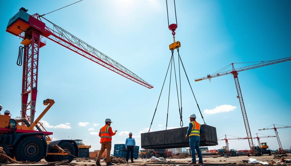A dynamic scene showcasing a professional lifting operation using webbing slings in Tanjungpinang. In the foreground, a robust crane lifts a heavy load with webbing slings, emphasizing their strength and reliability. The middle ground features construction workers in professional attire, focused and coordinated, ensuring safety measures are in place. The background includes a clear blue sky and a construction site with machinery, symbolizing industriousness and reliability. The setting should capture the essence of lifting various tonnages with bright, natural lighting, highlighting the textures of the webbing slings and surrounding materials. The composition should be balanced, with a slightly elevated angle for a comprehensive view of the operation, creating a sense of urgency and professionalism. A dynamic scene showcasing a professional lifting operation using webbing slings in Tanjungpinang. In the foreground, a robust crane lifts a heavy load with webbing slings, emphasizing their strength and reliability. The middle ground features construction workers in professional attire, focused and coordinated, ensuring safety measures are in place. The background includes a clear blue sky and a construction site with machinery, symbolizing industriousness and reliability. The setting should capture the essence of lifting various tonnages with bright, natural lighting, highlighting the textures of the webbing slings and surrounding materials. The composition should be balanced, with a slightly elevated angle for a comprehensive view of the operation, creating a sense of urgency and professionalism.