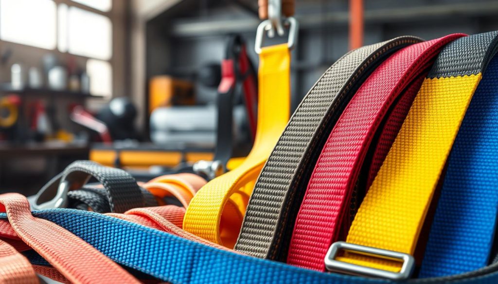 A high-definition, photorealistic close-up image of a variety of webbing slings, showcasing their diverse colors and designs. In the foreground, display several types of slings with different textures and widths, neatly arranged with some creased for realism. The middle reveals a softly blurred workbench background with tools and lifting equipment subtly hinting at an industrial environment. Bright, natural lighting floods the scene, casting soft shadows to enhance the details of the webbing. Capture the intricate stitching and secure clips of each sling, illustrating their durability and quality. Evoke a professional, reliable atmosphere, reflective of the best choices for lifting solutions.