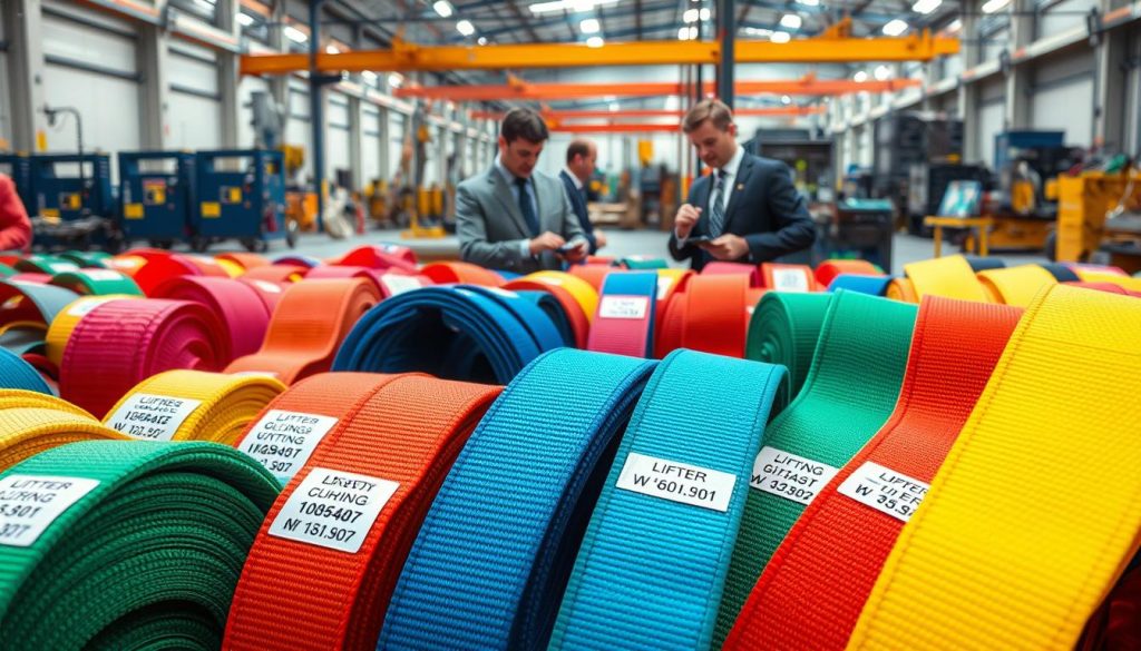 A high-definition, photorealistic image depicting various webbing slings organized by their lifting capacities. In the foreground, focus on an assortment of brightly colored webbing slings, showcasing labels that indicate their respective weight limits. Each sling should be displayed in a neatly arranged manner, with texture details emphasized under soft, natural lighting. In the middle ground, feature a professional setting with a few individuals dressed in business attire, assessing the slings with caution and expertise, while taking measurements. The background should display a warehouse or industrial environment, filled with lifting equipment and safety signs, creating a focused atmosphere. The overall mood should convey professionalism, safety, and technical precision, highlighting the importance of selecting the right webbing sling for specific lifting tasks.