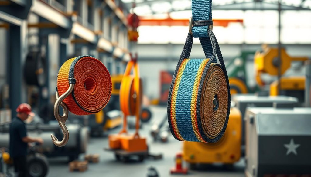 A high-definition, photorealistic image of a 1-ton webbing sling, prominently displayed in the foreground. The sling, crafted from durable synthetic material, features vibrant colors and a sturdy hook attachment, showcasing its specifications. The texture of the webbing is clear, highlighting its strength and reliability. In the middle background, include additional webbing slings of various lengths, arranged neatly to demonstrate the product range. The setting is a well-lit industrial environment, emphasizing professionalism, with natural lighting casting soft shadows to enhance the details. The background conveys a sense of order and efficiency, with equipment and machinery subtly blurred to keep the focus on the slings. The atmosphere is one of trust and quality, ideal for showcasing this essential lifting equipment. A high-definition, photorealistic image of a 1-ton webbing sling, prominently displayed in the foreground. The sling, crafted from durable synthetic material, features vibrant colors and a sturdy hook attachment, showcasing its specifications. The texture of the webbing is clear, highlighting its strength and reliability. In the middle background, include additional webbing slings of various lengths, arranged neatly to demonstrate the product range. The setting is a well-lit industrial environment, emphasizing professionalism, with natural lighting casting soft shadows to enhance the details. The background conveys a sense of order and efficiency, with equipment and machinery subtly blurred to keep the focus on the slings. The atmosphere is one of trust and quality, ideal for showcasing this essential lifting equipment.