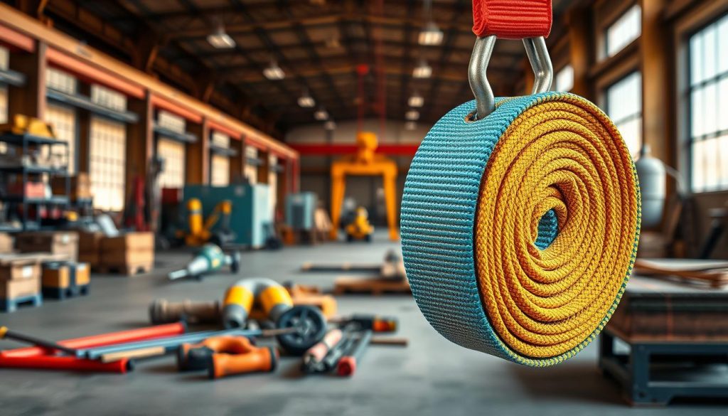 A high-definition photorealistic image of a 1-ton webbing sling, prominently displayed in the foreground. The sling should feature vivid colors, showcasing its durability, texture, and stitching details. In the middle ground, include industrial tools and equipment that reflect a construction or warehouse environment, emphasizing the sling's practical usage. The background should depict a slightly blurred setting of a busy warehouse or construction site, with warm, natural lighting filtering through large windows. The overall mood should convey a sense of professionalism and reliability, highlighting safety and effectiveness in lifting. Ensure no people are present in the image, maintaining focus on the webbing sling and its surroundings. No logos or text overlays should be included. A high-definition photorealistic image of a 1-ton webbing sling, prominently displayed in the foreground. The sling should feature vivid colors, showcasing its durability, texture, and stitching details. In the middle ground, include industrial tools and equipment that reflect a construction or warehouse environment, emphasizing the sling's practical usage. The background should depict a slightly blurred setting of a busy warehouse or construction site, with warm, natural lighting filtering through large windows. The overall mood should convey a sense of professionalism and reliability, highlighting safety and effectiveness in lifting. Ensure no people are present in the image, maintaining focus on the webbing sling and its surroundings. No logos or text overlays should be included.