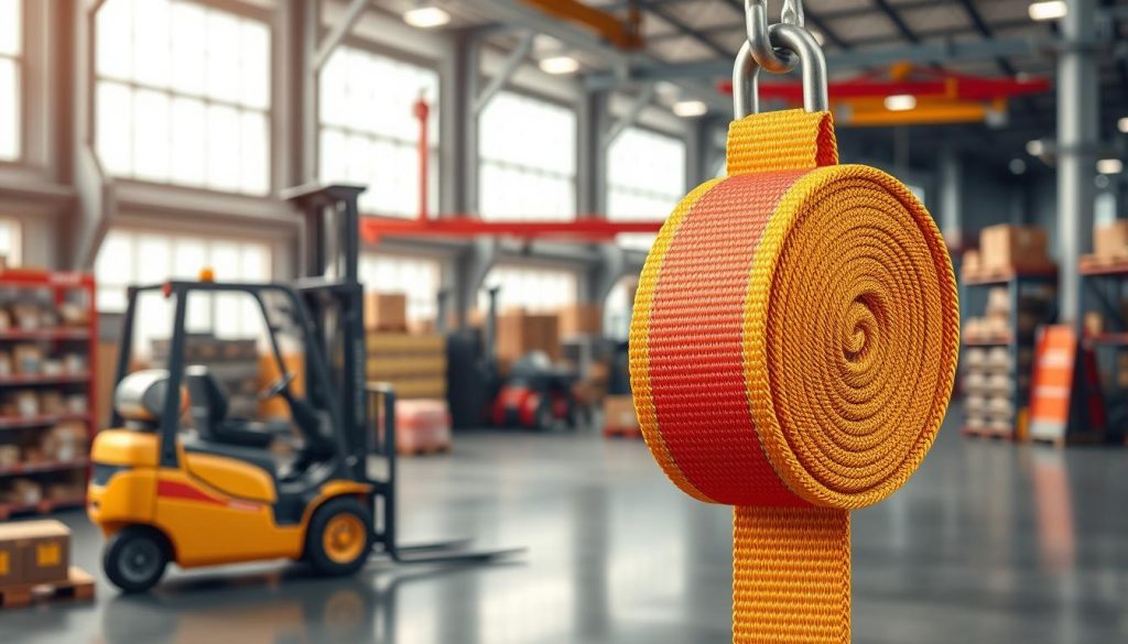 A high-definition, photorealistic image of a durable webbing sling prominently displayed in the foreground, showcasing its vibrant colors and texture, reflecting quality craftsmanship. The sling should be positioned securely on a lifting hook, emphasizing its strength and reliability for lifting tasks. In the middle ground, include an industrial setting with safety equipment and tools, such as a forklift and lifting machinery, conveying an atmosphere of safety and efficiency. The background features a warehouse with soft, natural lighting coming from large windows, creating a professional and inviting ambiance. Ensure the scene illustrates the purpose and importance of webbing slings in lifting operations, showcasing their role in safe and effective material handling.