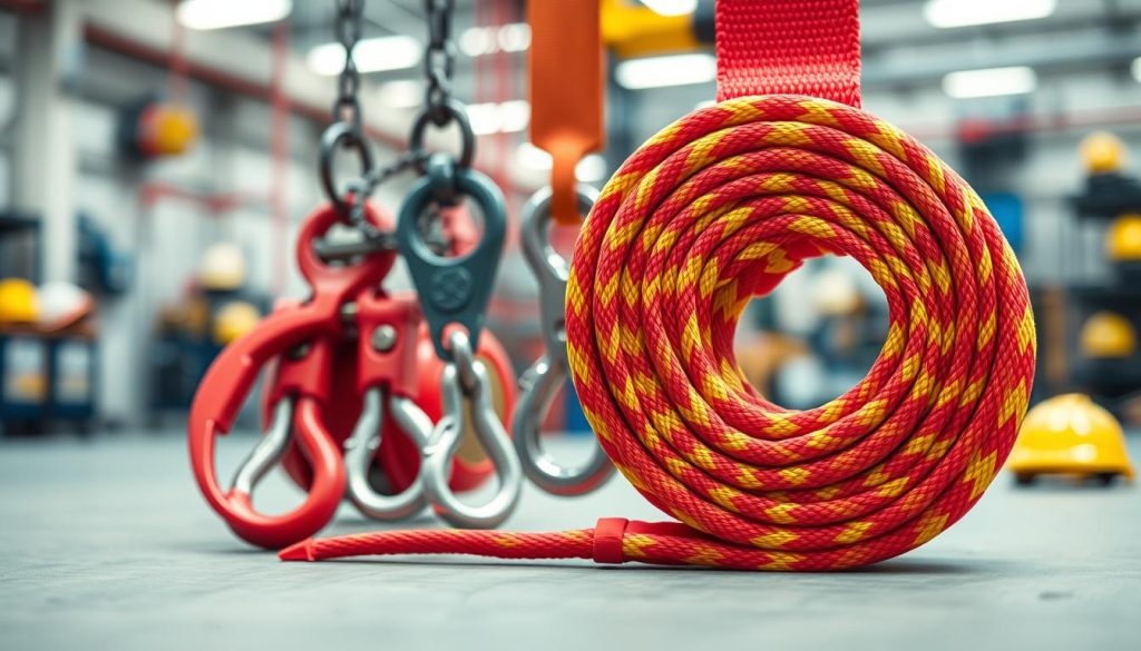 A high-definition, photorealistic image of a heavy-duty webbing sling, featuring vibrant colors such as bright red and yellow. In the foreground, the sling is displayed coiled neatly, showcasing its texture and strength. In the middle ground, a set of industrial pulleys and hooks are positioned, emphasizing the sling's functionality. The background features an out-of-focus workshop environment with safety equipment like helmets and gloves visible, enhancing the context of safe usage. The lighting is bright and even, casting soft shadows to highlight the materials. The overall atmosphere conveys professionalism, safety, and reliability, suitable for illustrating proper usage guidelines in a technical article about webbing slings. No text or logos present.