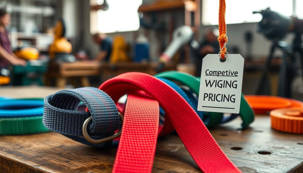 A high-definition, photorealistic image of a vibrant webbing sling, showcasing its texture and color variations in a close-up view. In the foreground, focus on the webbing material with detailed stitching and secure loops, emphasizing its strength and practicality. In the middle ground, display several webbing slings of different lengths and colors arranged aesthetically on a workbench. The background should feature a blurred workshop setting with tools and equipment subtly illuminated by natural light, creating a professional atmosphere. Use a slight downward angle to capture the depth of the image, highlighting the competitive pricing aspect symbolically by incorporating a stylish price tag hanging from one sling. The overall mood should be informative and industrious, reflecting a sense of quality and reliability.