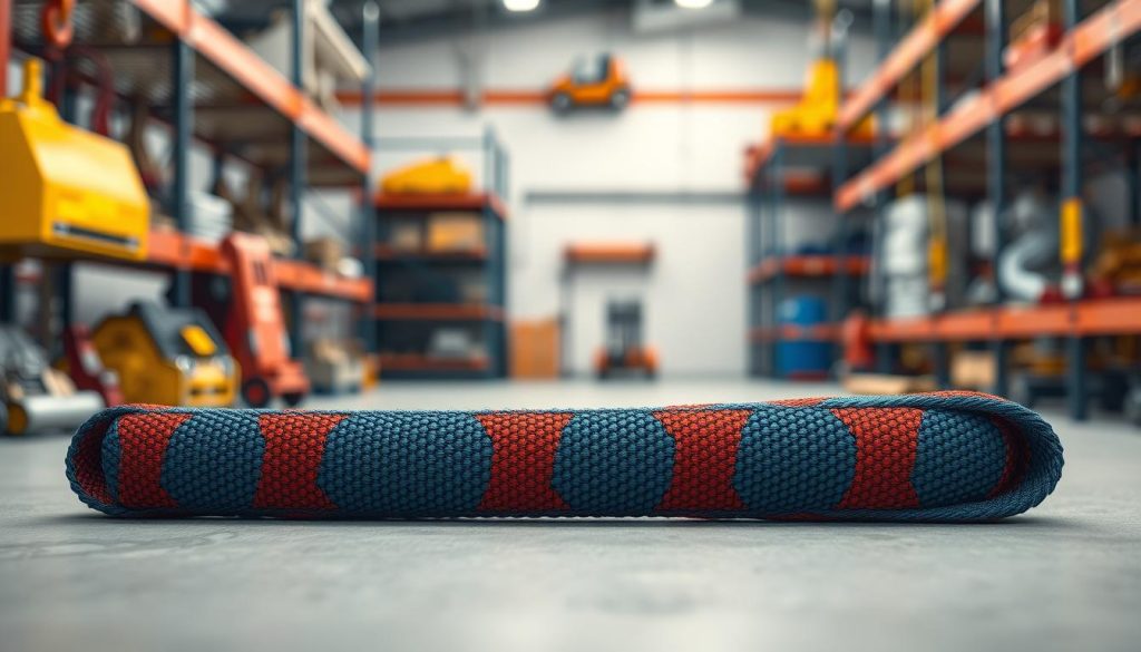 A high-definition, photorealistic image of a webbing sling displayed prominently in the foreground, showcasing its vibrant colors and intricate weave patterns. The sling is laid on a flat, textured surface that emphasizes its durability and strength. In the middle ground, include a subtle gradient to suggest a professional workshop setting, with soft-focus tools and equipment hinting at industrial use. The background features blurred racks of various lifting and rigging equipment, creating a sense of environment without distraction. Soft, diffused lighting enhances the texture of the webbing, casting gentle shadows that highlight its quality. The overall mood conveys professionalism and reliability, reflecting the specifications and features that define a high-quality webbing sling.