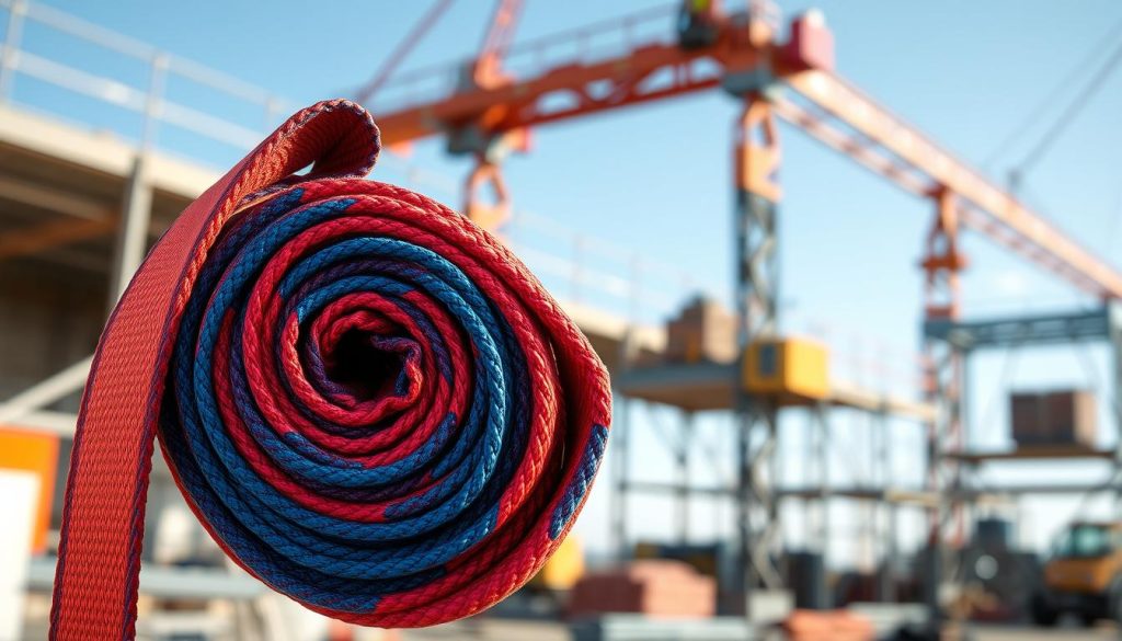 A high-definition, photorealistic image of a webbing sling displayed prominently in the foreground, showcasing its vibrant colors and intricate textures. The sling should be coiled neatly, with one end partially unraveled to highlight its robust stitching and fabric. In the middle ground, include a blurred worksite environment with scaffolding and lifting equipment to provide context, emphasizing the practical applications of the sling. The background should feature a clear blue sky, suggesting an outdoor setting. Soft, natural lighting casts gentle shadows, enhancing the details of the sling while creating an atmosphere of reliability and professionalism. The overall mood should convey safety and trust in industrial lifting solutions.