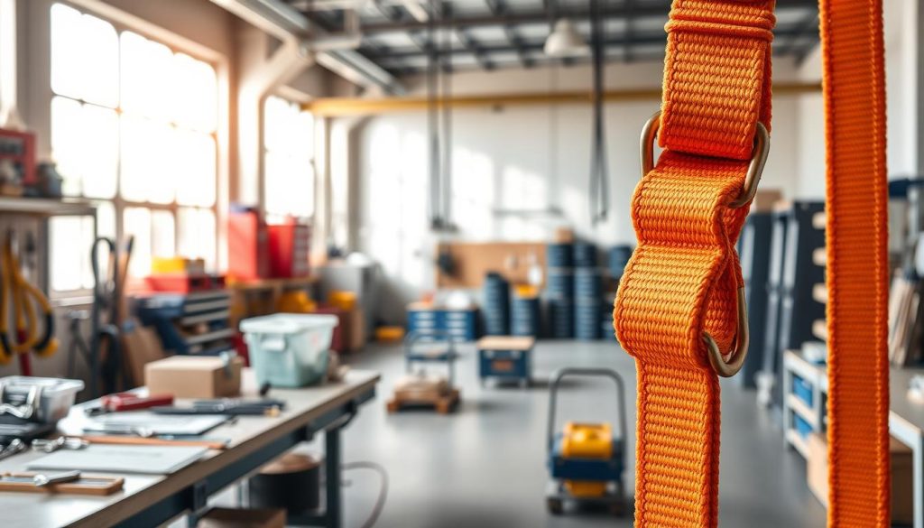 A high-definition, photorealistic image of a webbing sling displayed prominently in the foreground. The sling should be brightly colored, showcasing its texture and strength, with detailed stitching and metal hooks visible. In the middle ground, include a clean, well-organized workshop environment, with tools and safety equipment neatly arranged, emphasizing its operational significance. In the background, soft natural daylight filters through a large window, casting gentle shadows that enhance the focus on the sling. The atmosphere should feel professional and inviting, suitable for a business context. Capture the image from a slightly elevated angle that emphasizes the dimensions of the sling while keeping the workshop setting in view, ensuring a clear, detailed portrayal without any text or distracting elements.