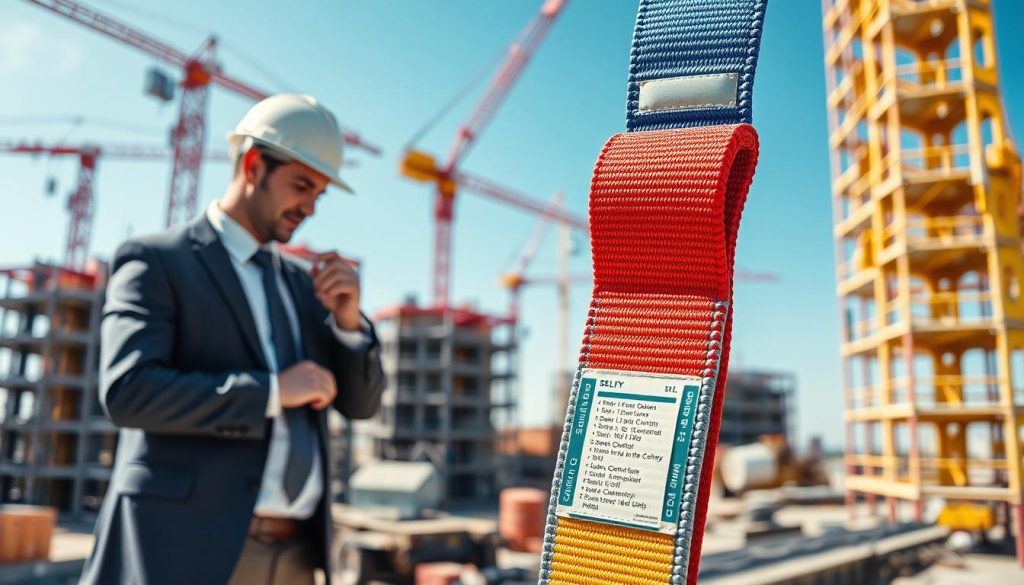 A high-definition photorealistic image of a webbing sling in an industrial setting, prominently displayed in the foreground. The sling, made of durable nylon material, is vividly colored with clear labels and safety markings visible. In the middle ground, a construction worker in professional business attire inspects the sling, focusing on its secure attachment points. The background features a busy construction site with cranes and scaffolding under a bright blue sky, creating a sense of activity and safety compliance. The lighting is natural, with midday sun casting soft shadows, highlighting the webbing's texture and strength. The overall atmosphere conveys professionalism and a strong emphasis on safety standards in the use of webbing slings on-site. A high-definition photorealistic image of a webbing sling in an industrial setting, prominently displayed in the foreground. The sling, made of durable nylon material, is vividly colored with clear labels and safety markings visible. In the middle ground, a construction worker in professional business attire inspects the sling, focusing on its secure attachment points. The background features a busy construction site with cranes and scaffolding under a bright blue sky, creating a sense of activity and safety compliance. The lighting is natural, with midday sun casting soft shadows, highlighting the webbing's texture and strength. The overall atmosphere conveys professionalism and a strong emphasis on safety standards in the use of webbing slings on-site.
