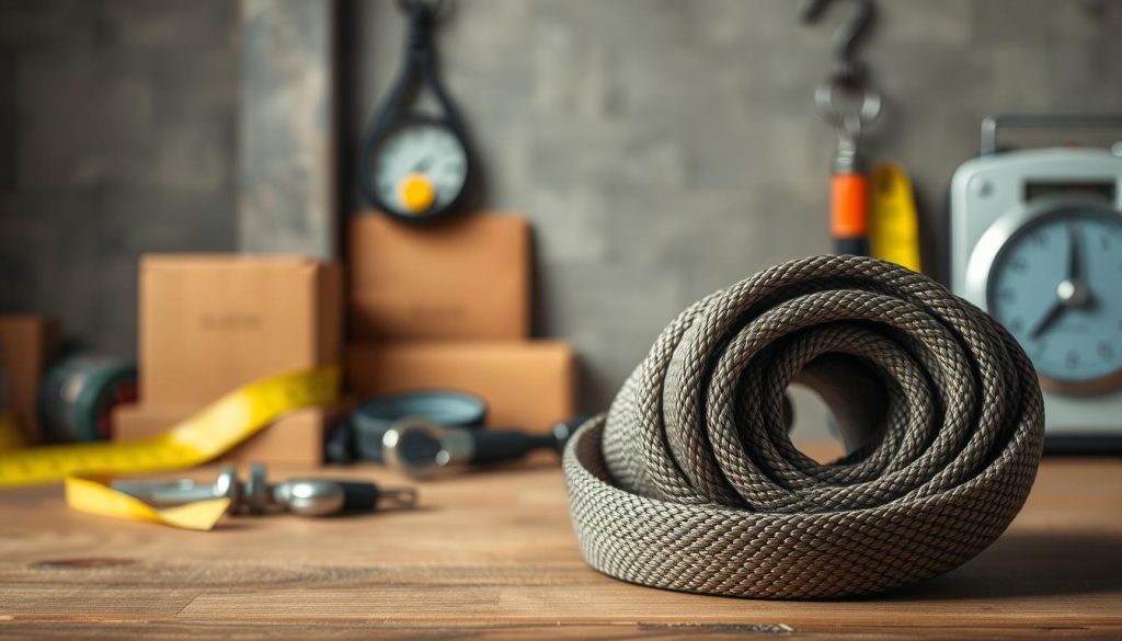 A high-definition photorealistic image of a webbing sling prominently displayed against a neutral backdrop. In the foreground, focus on the intricate textures and patterns of the webbing, showcasing its strength and durability. The sling should be neatly coiled and placed on a wooden table, with light casting subtle shadows to emphasize its materials. In the middle ground, include tools and accessories related to webbing slings, like a measuring tape and a weight scale, to highlight pricing considerations and strength factors. The background should be softly blurred, suggesting an industrial workshop environment. The overall mood conveys professionalism and reliability, suitable for illustrating the quality and pricing of webbing slings in the context of a commercial setting. A high-definition photorealistic image of a webbing sling prominently displayed against a neutral backdrop. In the foreground, focus on the intricate textures and patterns of the webbing, showcasing its strength and durability. The sling should be neatly coiled and placed on a wooden table, with light casting subtle shadows to emphasize its materials. In the middle ground, include tools and accessories related to webbing slings, like a measuring tape and a weight scale, to highlight pricing considerations and strength factors. The background should be softly blurred, suggesting an industrial workshop environment. The overall mood conveys professionalism and reliability, suitable for illustrating the quality and pricing of webbing slings in the context of a commercial setting.
