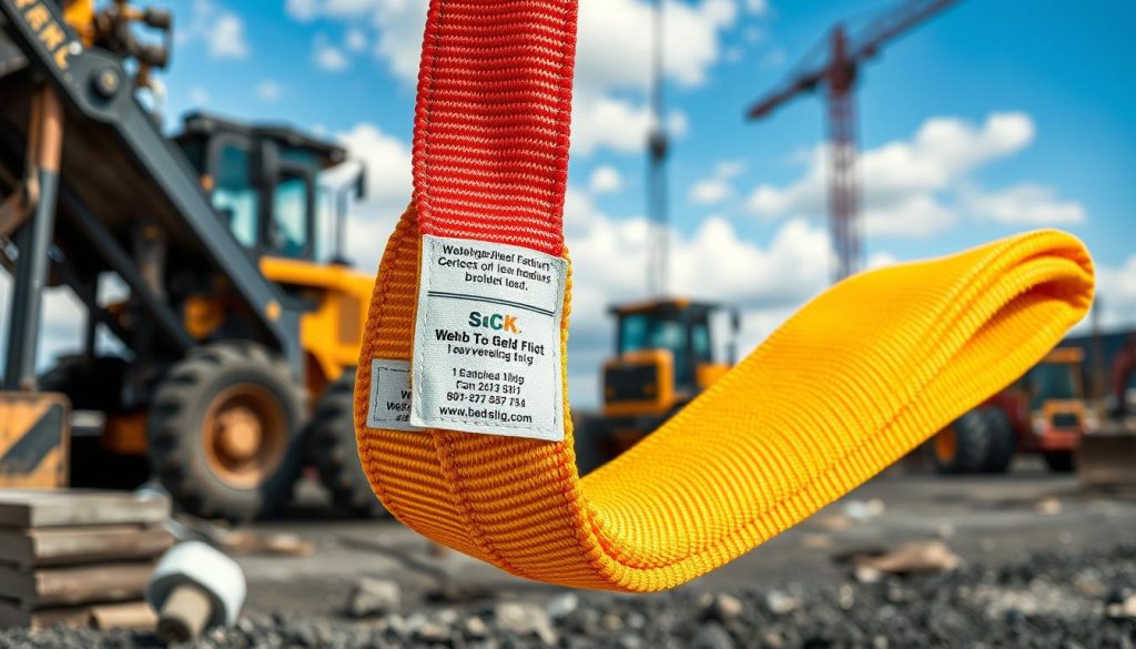 A high-definition, photorealistic image of a webbing sling prominently displayed in the foreground, showcasing its intricate details and texture. The sling is vibrant with bright colors, emphasizing its heavy-duty features, stitching, and labels. In the middle ground, display a rugged construction site setting, with heavy machinery partially visible to suggest its use in demanding environments. The background features a clear blue sky with soft clouds, providing a contrast that enhances the overall scene. Ensure the lighting is bright and natural, highlighting the durability and strength of the webbing sling. Capture the image from a slightly elevated angle, creating a sense of depth and realism, evoking a professional and industrious atmosphere.