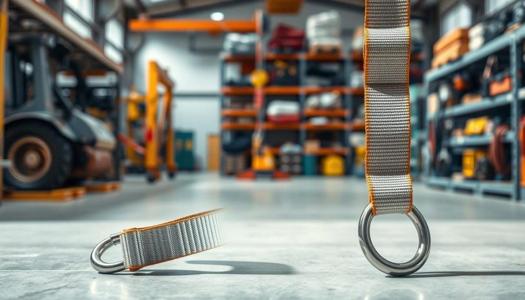 A high-definition, photorealistic image of a webbing sling prominently displayed in the foreground, showcasing its texture and vibrant colors. The slick, durable material should be shown in detail, with clear stitching and secure hooks attached at each end. In the middle, a blurred industrial setting is visible, including heavy machinery and safety equipment that indicates a construction or lifting environment. The background features soft-focus shelving filled with various other lifting gear and accessories, hinting at a professional workspace. The lighting is bright and natural, casting subtle shadows to accentuate the sling's features while creating a safe, professional atmosphere. The overall mood should convey reliability and quality, ideal for potential buyers.