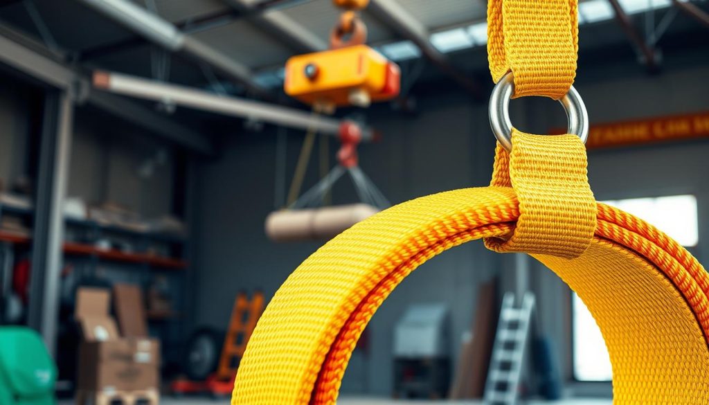 A high-definition, photorealistic image of a webbing sling prominently displayed in the foreground, showcasing its intricate weave and vibrant colors, such as bright yellow or orange, to highlight its durability. The middle ground features a lifting mechanism, such as a hoist, illustrating the webbing sling in action, possibly lifting an industrial load. The background consists of a subtle workshop or construction site setting, with soft, diffused natural lighting to emphasize the equipment without harsh shadows. The mood conveys professionalism and safety, demonstrating the reliability and quality of the webbing sling. The focus should be crisp, with a slight depth of field to draw attention to the sling's details. No text, captions, or watermarks present in the image.