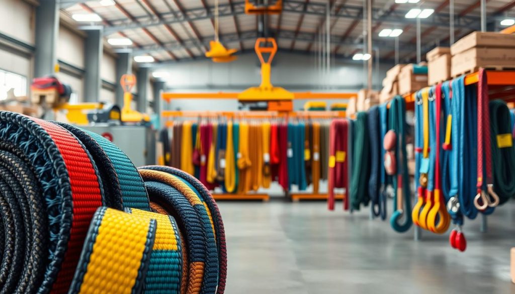 A high-definition, photorealistic image of various types and models of webbing slings displayed prominently in a well-lit warehouse setting. In the foreground, showcase a close-up view of the slings with vibrant colors and distinctive textures, highlighting their woven patterns and robust edges. The middle ground should feature organized rows of slings hanging on industrial racks, presenting a range of sizes and designs to emphasize variety. In the background, include subtle hints of equipment and tools typically found in a lifting supply environment, with soft-focus lighting that creates a professional and informative atmosphere. Ensure the scene conveys quality and reliability, suitable for a commercial context.