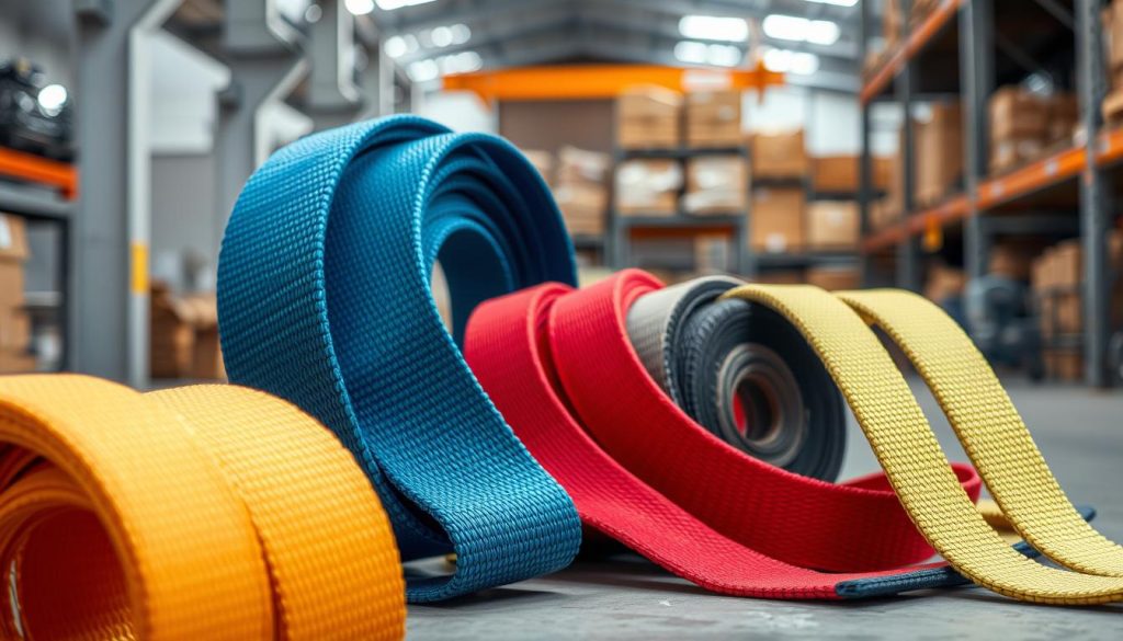 A high-definition, photorealistic image of various webbing slings made from different materials: polyester, nylon, polypropylene, and Kevlar. The foreground features close-up views of bright, textured slings, showcasing their distinctive colors and robust stitching. In the middle ground, display several slings arranged in a dynamic layout, highlighting their strength and versatility in lifting and securing. The background should be a subtle, blurred warehouse setting with soft, natural lighting to emphasize the products. The mood should convey professionalism and reliability, making it clear that these slings are designed for safe, heavy-duty use. Focus on the intricate details of the fabric and construction.
