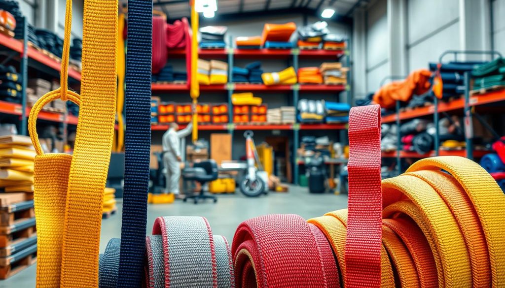 A high-definition, photorealistic image of webbing slings displayed prominently in the foreground. The slings should be brightly colored, showcasing their durability and variety in capacity, with labels indicating different weight limits. In the middle ground, neatly organized industrial tools can be seen, emphasizing a professional setting. The background features a well-lit warehouse environment, with shelves stacked with more slings and lifting equipment, reflecting an atmosphere of quality craftsmanship and reliability. Soft, natural lighting enhances the colors of the webbing and tools, creating a clean and inviting space, while slight shadows add depth. The overall mood captures professionalism and expertise in the lifting gear industry. A high-definition, photorealistic image of webbing slings displayed prominently in the foreground. The slings should be brightly colored, showcasing their durability and variety in capacity, with labels indicating different weight limits. In the middle ground, neatly organized industrial tools can be seen, emphasizing a professional setting. The background features a well-lit warehouse environment, with shelves stacked with more slings and lifting equipment, reflecting an atmosphere of quality craftsmanship and reliability. Soft, natural lighting enhances the colors of the webbing and tools, creating a clean and inviting space, while slight shadows add depth. The overall mood captures professionalism and expertise in the lifting gear industry.
