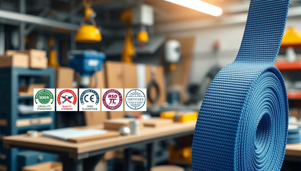 A high-definition photorealistic image showcasing a webbing sling, prominently displayed in the foreground. The sling should be vibrant and detailed, emphasizing its robust fabric texture and secure stitching. In the middle ground, include an assortment of certification badges and quality standards symbols, representing high industry standards. The background should feature a subtly blurred workshop setting, with tools and equipment that highlight a professional environment. Use soft, natural lighting to create an inviting yet professional atmosphere, with gentle shadows enhancing the depth of the image. Aim for a clean composition that emphasizes the webbing sling while conveying quality and trustworthiness.