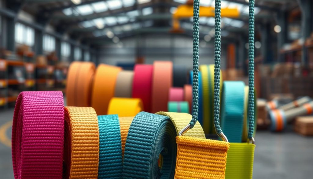 A highly detailed and photorealistic image of various types of webbing slings displayed prominently in the foreground. The webbing slings feature vibrant colors, showcasing their intricate stitching and durable materials, designed for heavy lifting and safety. In the middle ground, an organized arrangement of additional sling products in diverse lengths and widths, demonstrating different sizes suitable for various industrial applications. The background features a blurred industrial setting, hinting at a warehouse or construction site atmosphere. Soft, natural lighting enhances the textures of the slings, while a slight depth of field keeps focus on the products. The overall mood is professional and informative, perfect for an article section about webbing sling options.