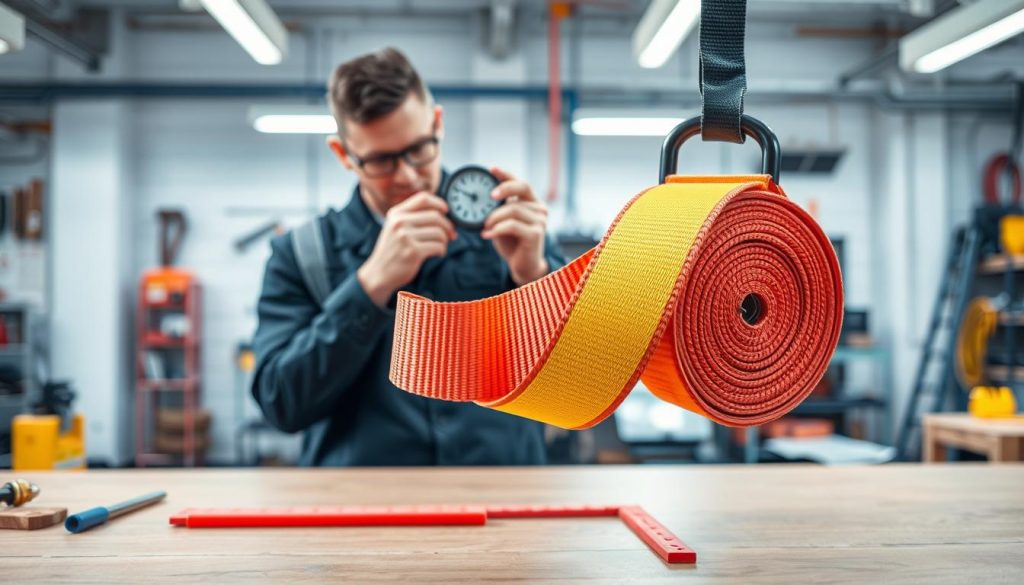 A highly detailed, photorealistic image of a polyester webbing sling designed for industrial use, prominently displayed in the foreground. The sling is vibrantly colored with visible strength indicators and safety ratings, showcasing its features and functionality. In the middle ground, an inspector in professional attire is examining the sling closely, using a gauge for tension testing. The background features a well-lit workshop setting filled with tools and equipment, emphasizing a safe and professional environment. Soft, natural lighting enhances the details of the webbing sling and the inspector's focused expression. The overall atmosphere conveys professionalism, safety, and technical precision essential for webbing sling inspection.