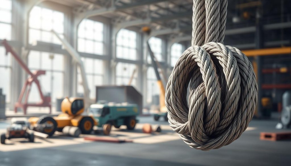 A highly detailed photorealistic image of a wire rope sling positioned prominently in the foreground, showcasing its intricate metallic texture and braided structure. The middle ground features a minimalistic industrial setting with tools and equipment typically used in lifting operations. The background includes subtle blurred silhouettes of cranes and construction machinery to evoke a lifting atmosphere. Natural lighting beams through, casting soft shadows that highlight the rope's shiny surface. The overall mood is professional and focused, reflecting an atmosphere of industrial efficiency and safety. The image should maintain a clean composition with no text or watermarks, ensuring it serves as a visual reference for high-quality lifting equipment.