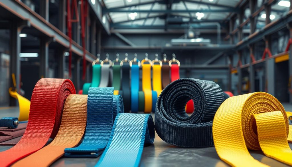 A highly detailed, photorealistic image of various types of webbing slings displayed prominently in the foreground. Include an assortment of colors and lengths, showcasing their strength and versatility. In the middle ground, arrange additional model variations, emphasizing different materials such as nylon and polyester. The background should feature a subtle industrial setting, with soft lighting casting gentle reflections on the surface of the slings. Capture the scene from a low angle, emphasizing the slings' textures and weave patterns. The overall atmosphere should be professional and informative, making it ideal for showcasing the variety of webbing slings available. Ensure the image is clear and vibrant, highlighting the quality of the products without any text or interruptions.